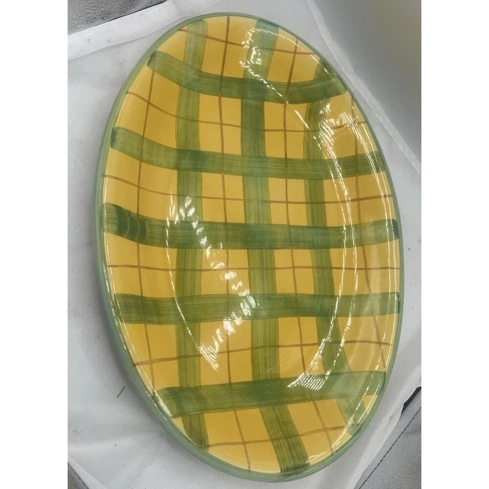 Vintage Alcobaca Portugal Hand Painted Oval Serving Platter Yellow Green 18.5”